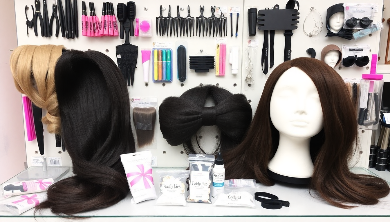 How to wear a wig step by step with wigs, hair tools, and accessories displayed on a white table and wall