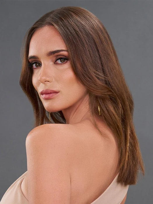 Jon Renau easiVolume 10 inch brown shoulder length wig on model showing natural volume and smooth texture