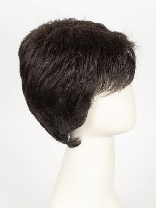 HairUWear HIM Style men's wig dark brown short layered cut with side swept bangs on mannequin head