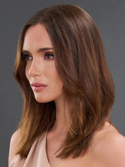 Wigalert model wearing Jon Renau easiVolume 10 inch layered chestnut brown wig with natural volume and center part