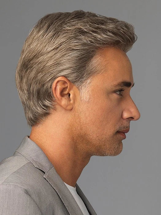 HairUWear realistic men's wigs for thinning hair on a side profile mature man with salt and pepper short styled hair