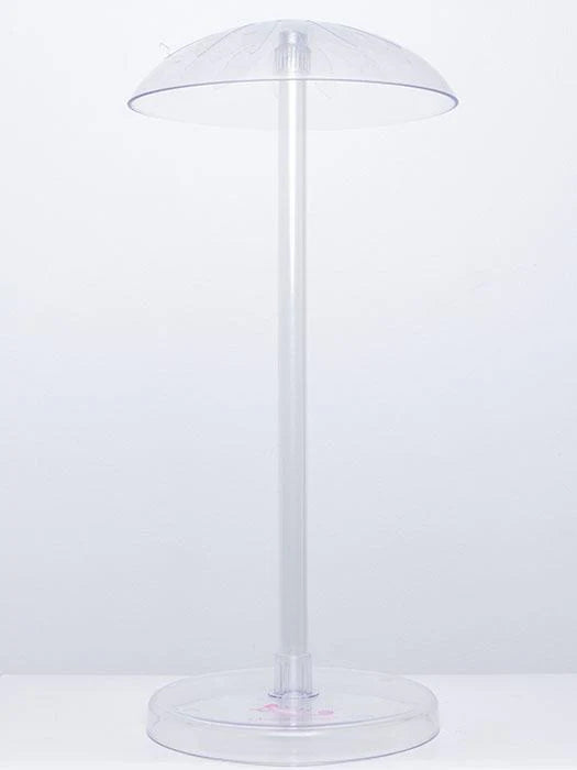 Clear acrylic wig stand with a sturdy base for displaying and storing wigs safely