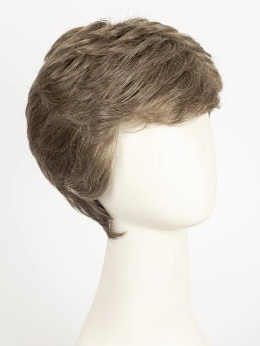 HairUWear short layered ash brown wig on mannequin with side swept fringe realistic men's wigs for thinning hair