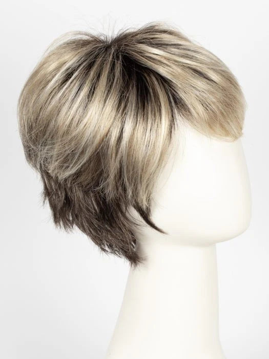 short silver wig for women styled in layered pixie cut with dark roots and side swept bangs on mannequin