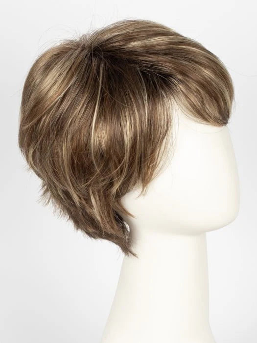 short silver wig for women displayed on mannequin head with layered ash brown and silver highlights
