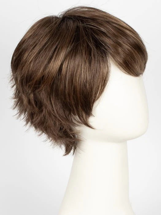 short silver wig for women shown in brown short layered pixie style on white mannequin head