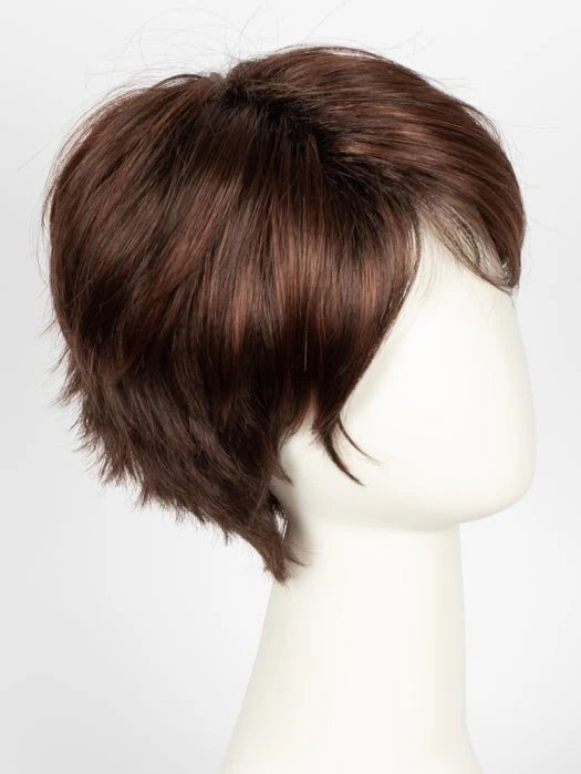 short silver wig for women style shown in chestnut brown layered pixie cut on a mannequin head