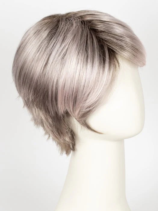 Mannequin wearing short silver wig for women styled in layered pixie cut with side swept bangs