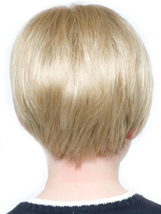 Back view of short blonde Logan Amore wig for kids with straight layered bob and tapered nape for natural fit