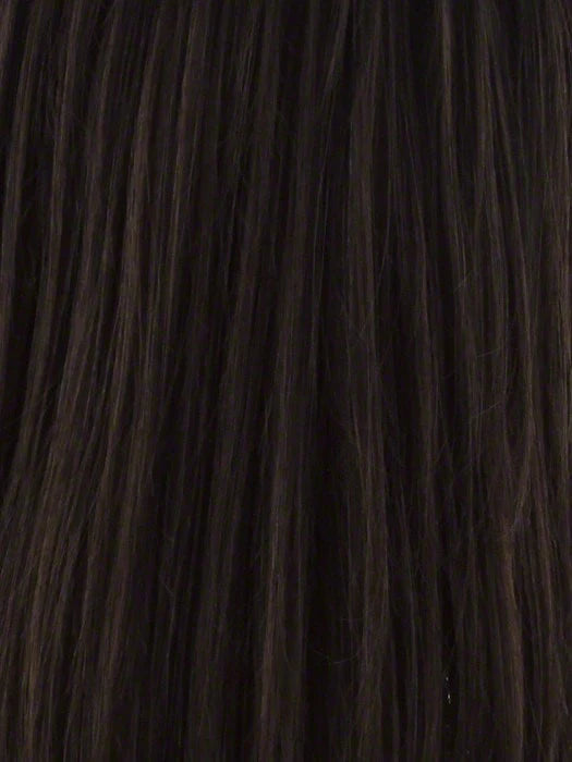 Closeup dark brown straight synthetic hair strands of Logan Amore wig for kids showing texture
