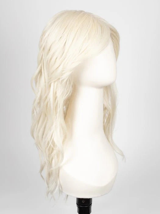 long wavy brown wig for women product image shows a long wavy platinum blonde wig on a mannequin head