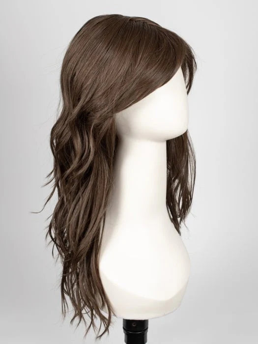 long wavy brown wig for women displayed on a white mannequin head with side swept bangs and layered waves