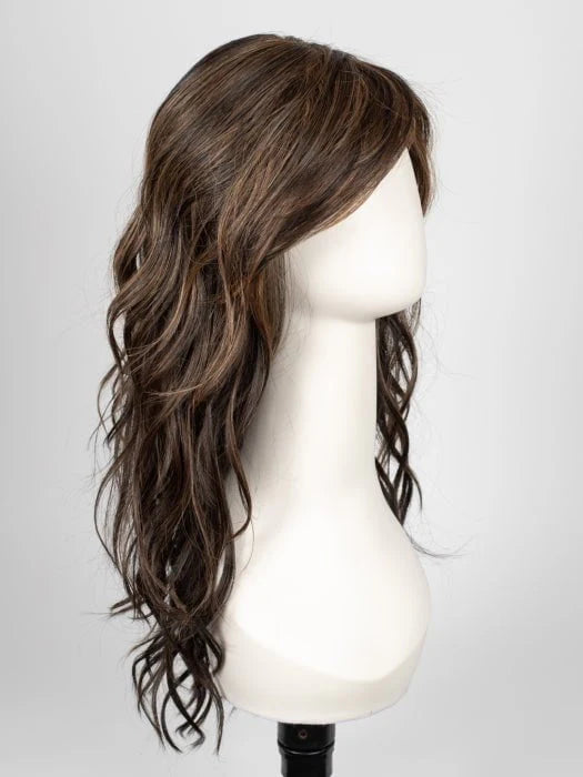 long wavy brown wig for women with side swept bangs and natural highlights on mannequin for everyday wear