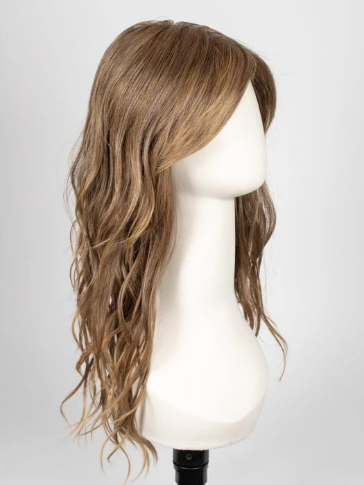 long wavy brown wig for women displayed on a white mannequin head with side swept bangs and soft layered waves
