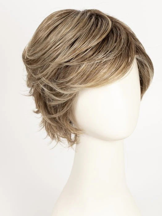 short layered synthetic wig ash blonde with textured face framing layers on a white mannequin head