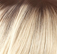 Wigalert short layered synthetic wig in ash blonde with dark roots close up showing layered texture