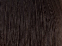 Wigalert dark brown short layered synthetic wig close up showing straight smooth fibers and natural shine