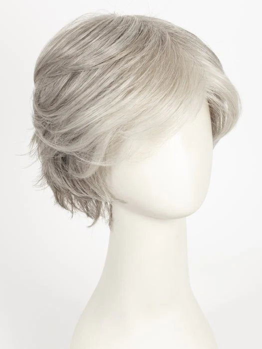 short layered synthetic wig ash blonde on mannequin with side swept bangs and feathered textured layers