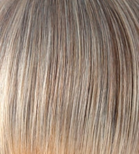 Wigalert short layered synthetic wig close up of ash blonde and brown highlights showing realistic scalp and textured layers