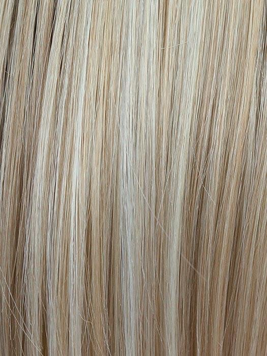 Close up of light blonde wig hair strands swatch, Wigalert product photo, also available as layered dark brown wig for women