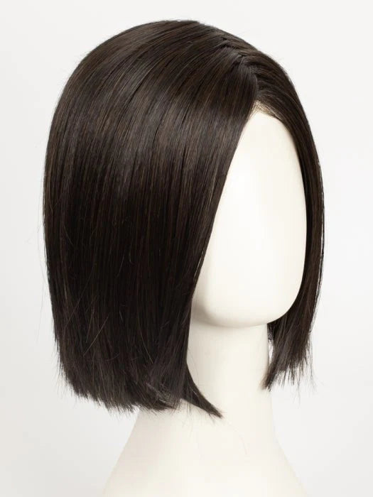 Mannequin wearing short brown bob wig for women in sleek straight chin length style with side part