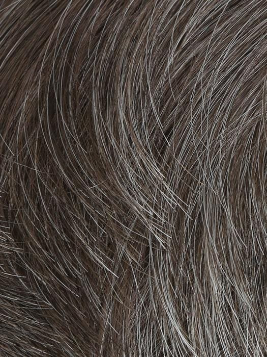 Dapper HIM wig for men close up of natural salt and pepper brown gray hair texture and short layered style