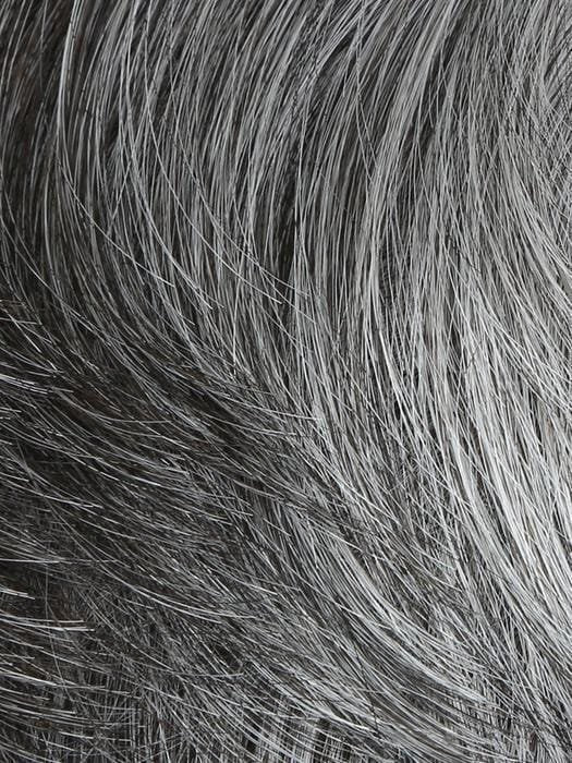Close up salt and pepper gray hair texture of Dapper HIM wig for men showing natural fiber detail