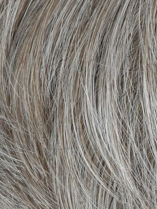 Dapper HIM wig for men close up of salt and pepper gray hair texture showing layered synthetic fibers