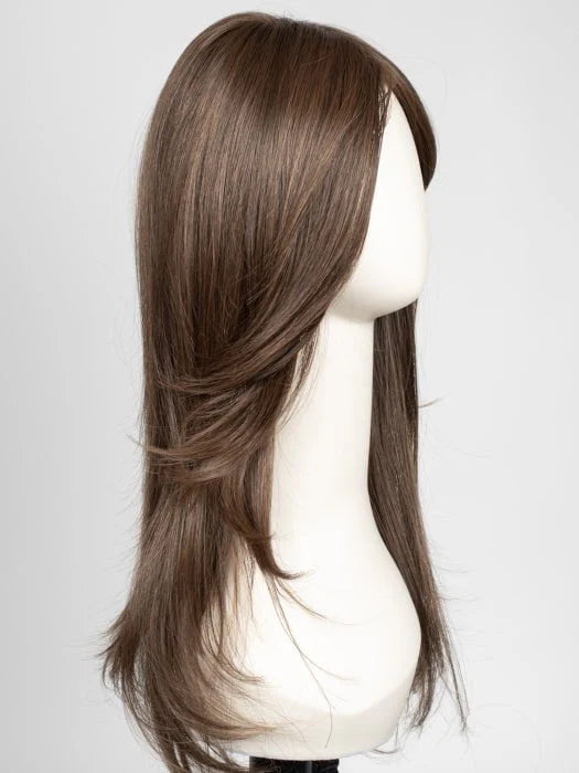 Raquel Welch Scene Stealer wig long layered brown wig with side swept bangs displayed on mannequin