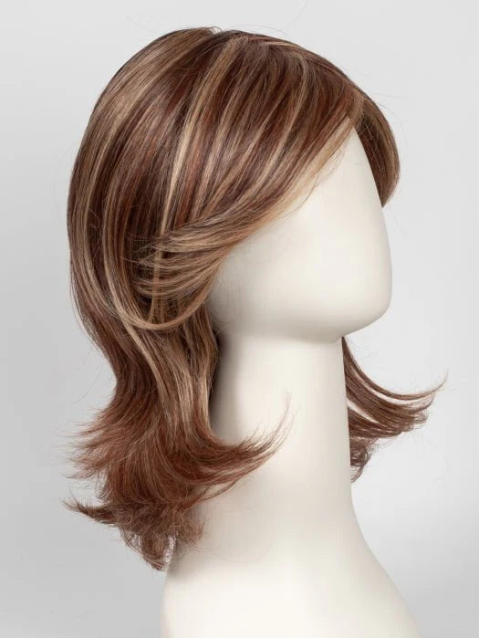 Raquel Welch Goddess wig medium layered brown with blonde highlights and flipped out ends on mannequin
