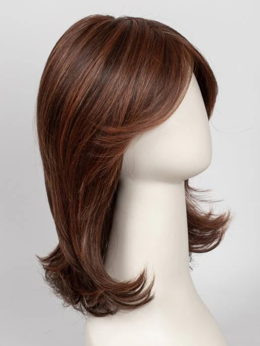 Raquel Welch Goddess wig layered shoulder length chestnut brown with side swept bangs and flipped ends on mannequin