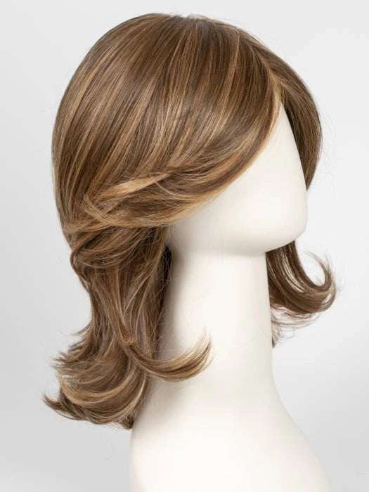 Raquel Welch Goddess wig medium layered chestnut brown with golden highlights shoulder length with side swept bangs