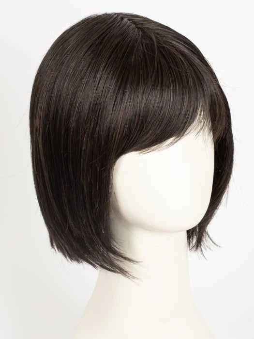Dark brown short bob wig with side swept bangs on mannequin head product photo for blonde synthetic wig Ellen Wille