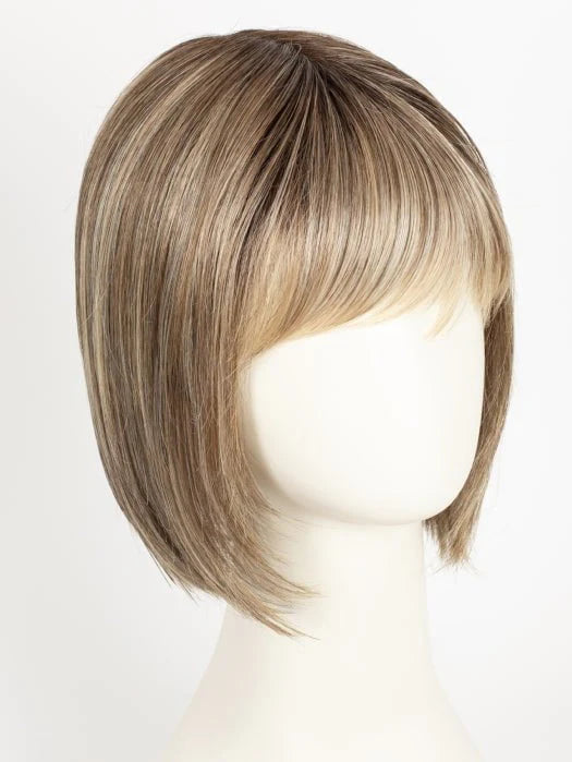 Short sleek bob with soft bangs and natural root shading on mannequin blonde synthetic wig Ellen Wille