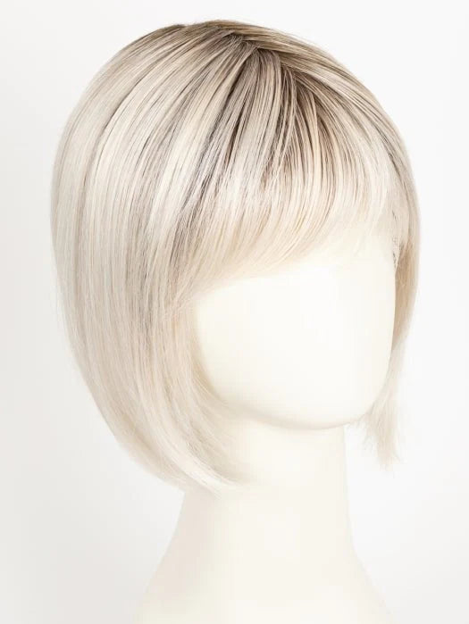 blonde synthetic wig Ellen Wille short layered bob with soft bangs and natural darker roots on mannequin