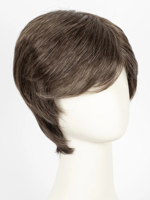 Ellen Wille George men's wig short layered ash brown haircut with side swept fringe on mannequin