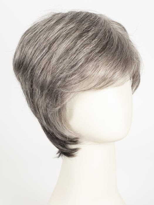 Short layered gray wig on mannequin showing natural texture and side swept fringe Ellen Wille George men's wig