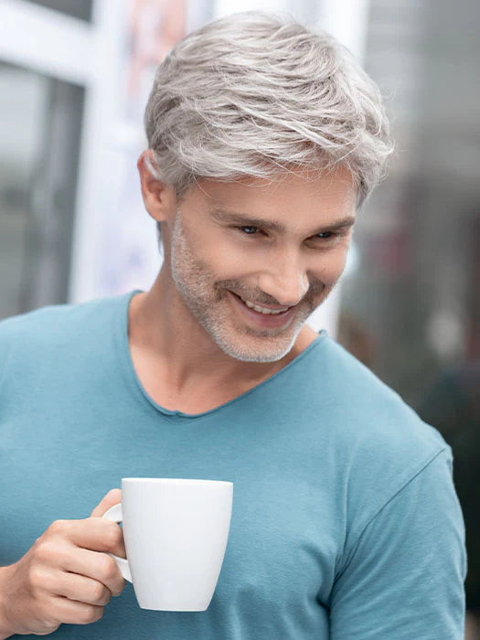 Ellen Wille George men's wig gray short textured hairstyle on smiling mature man holding coffee cup