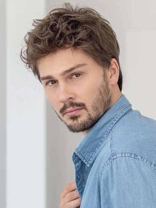 Justin Ellen Wille men's wig short tousled brown with natural hairline on male model in denim shirt