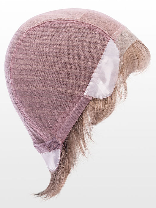 Justin Ellen Wille men's wig cap interior showing lace front monofilament cap and light brown hair