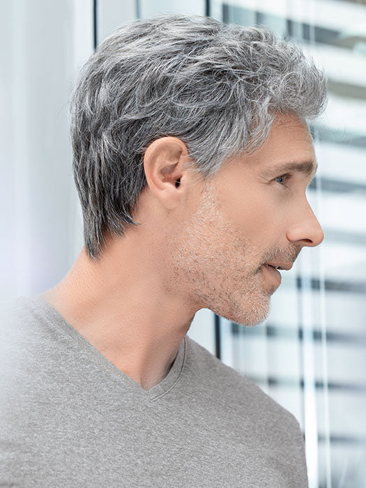 Profile of mature man wearing Justin Ellen Wille men's wig in salt and pepper gray, short textured style