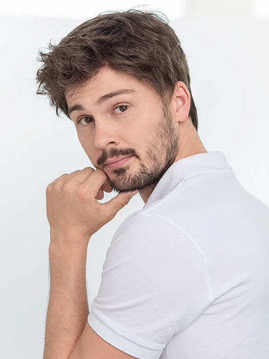 Male model wearing Ellen Wille Steven Sport wig in natural brown tousled short style for everyday wear