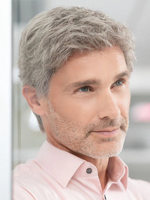 Ellen Wille Steven Sport wig short textured gray mens wig on model with light stubble and collared shirt