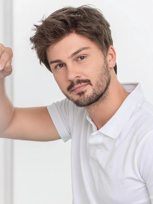 Male model wearing Ellen Wille Steven Sport wig in medium brown with textured short haircut and light stubble