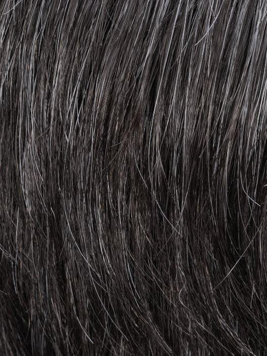 Close up of dark salt and pepper hair texture on Ellen Wille Steven Sport wig showing natural strands and shine
