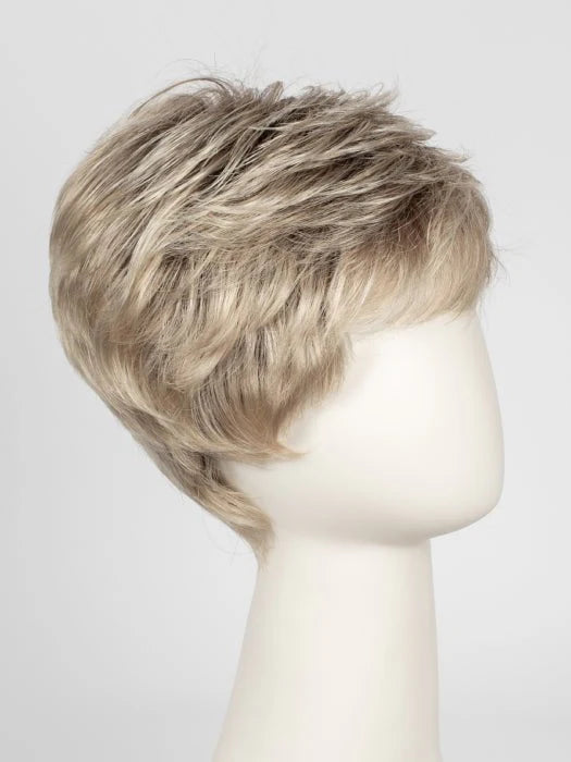 Ellen Wille Tab wig short layered ash blonde pixie on mannequin head with textured side swept bangs