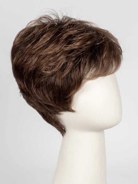 Ellen Wille Tab wig short layered brown pixie with soft fringe on mannequin for natural everyday wear