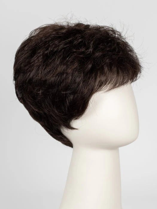 Ellen Wille Tab wig short dark brown layered pixie style on white mannequin for natural everyday wear