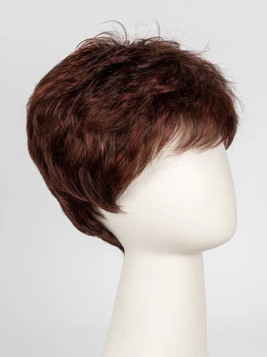 Short chestnut brown layered pixie wig on mannequin head Ellen Wille Tab wig for natural everyday wear
