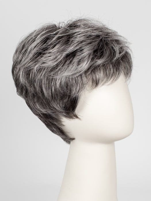 Ellen Wille Tab wig short layered salt and pepper gray pixie on mannequin head showing textured natural look
